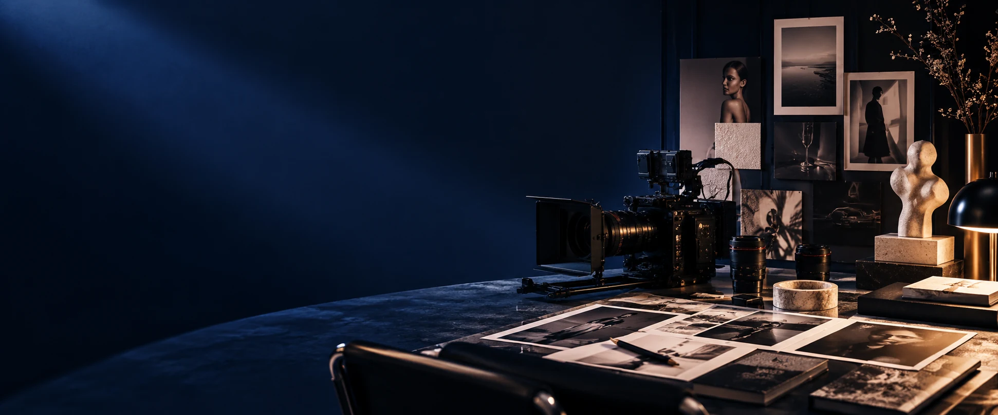 Cinematic creative studio workspace with camera, moodboards and editorial prints